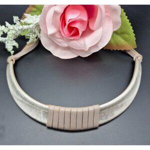 Brushed Silver Tone & Gray Faux Leather Structured Collar Choker Necklace 18"